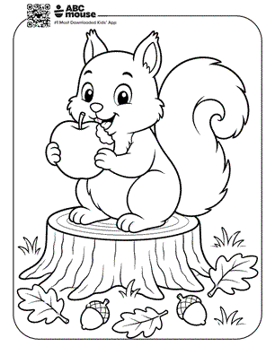 Cute squirrel eating an apple while sitting on a tree stump surrounded by leaves and acorns—free printable coloring page for kids from ABCmouse.com.