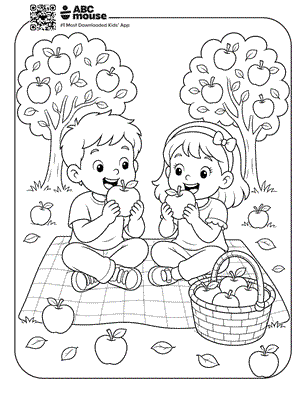 Boy and girl eating apples during a picnic in an apple orchard—free printable coloring page for kids from ABCmouse.com.