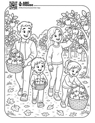 Family carrying baskets and picking apples together in an orchard—free printable coloring page for kids from ABCmouse.com.