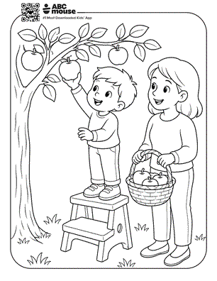 Mother holding a basket while her son stands on a step stool to pick an apple—free printable coloring page for kids from ABCmouse.com.