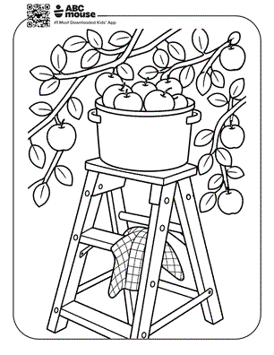 Step ladder holding a bucket of apples beneath an apple tree—free printable coloring page for kids from ABCmouse.com.