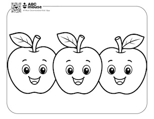 Three smiling cartoon apples with leaves and stems—free printable coloring page for kids from ABCmouse.com.