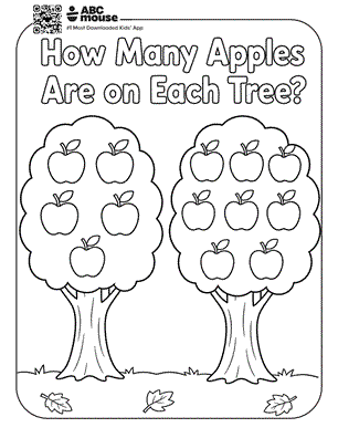 Two apple trees with four and five apples for a counting activity—free printable coloring page for kids from ABCmouse.com.
