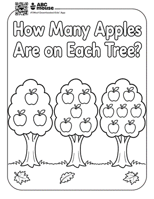 Three apple trees with three, five, and seven apples for a counting activity—free printable coloring page for kids from ABCmouse.com.