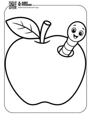 Smiling worm peeking out of a large apple with a leaf and stem—free printable coloring page for kids from ABCmouse.com.