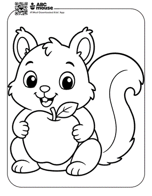 Cute squirrel holding a large apple—free printable coloring page for kids from ABCmouse.com.
