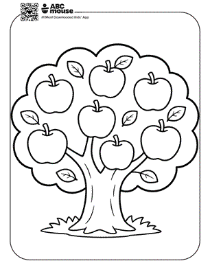 Apple tree filled with seven apples and leafy branches—free printable coloring page for kids from ABCmouse.com.