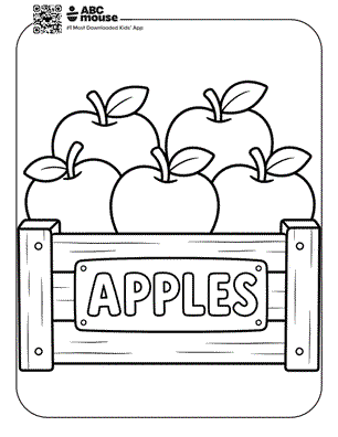 Wooden crate filled with apples and labeled “APPLES”—free printable coloring page for kids from ABCmouse.com.
