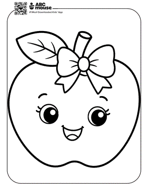 Smiling cartoon apple with a large bow and leaf—free printable coloring page for kids from ABCmouse.com.