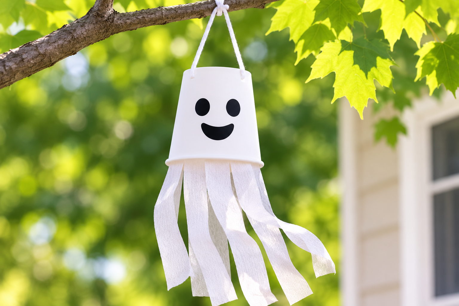 Finished paper cup ghost windsock hanging from a tree branch with white streamers blowing in the breeze.