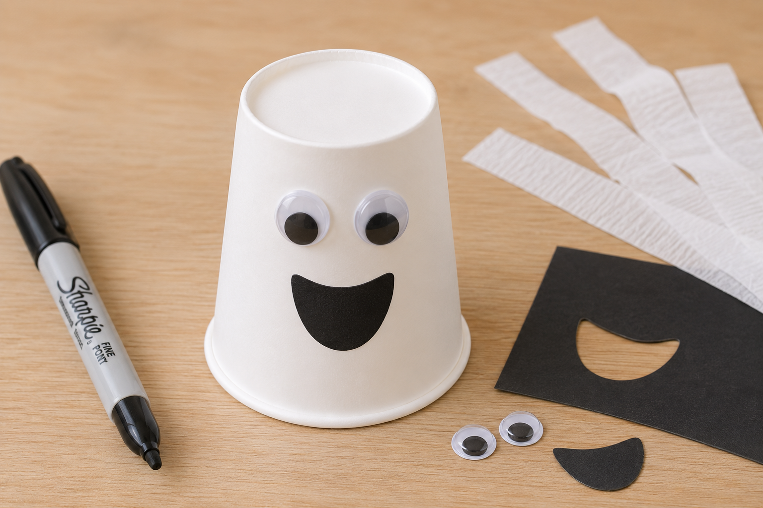 White paper cup decorated with googly eyes and a black smiling mouth for a ghost windsock craft.