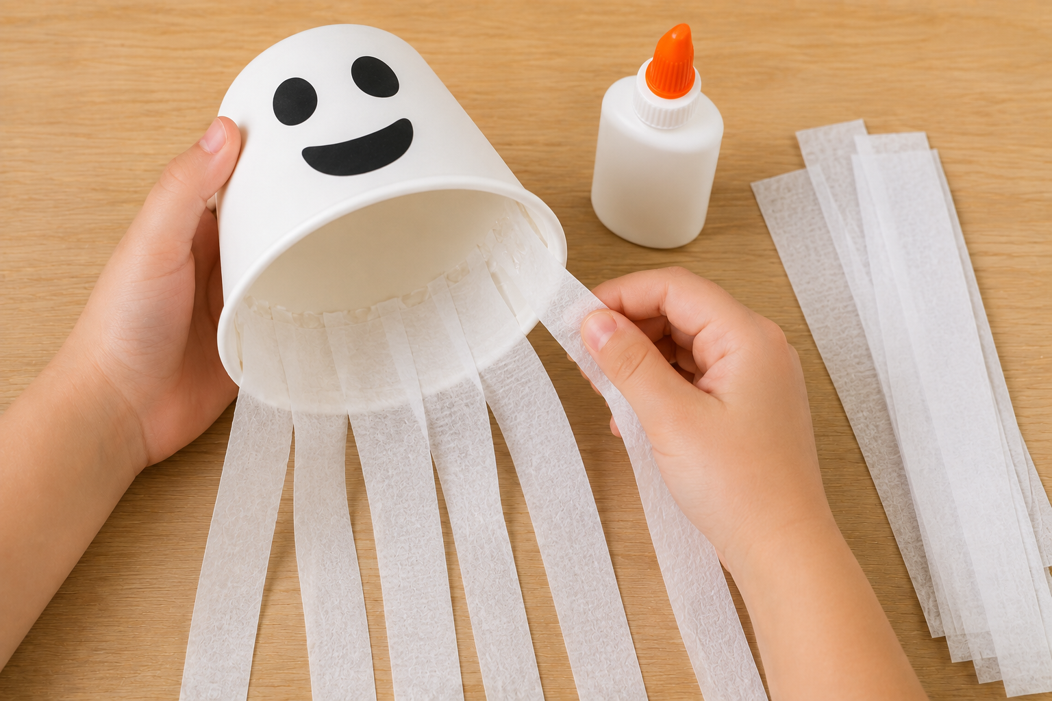 Child gluing white crepe paper streamers inside a smiling paper cup to create a ghost windsock.