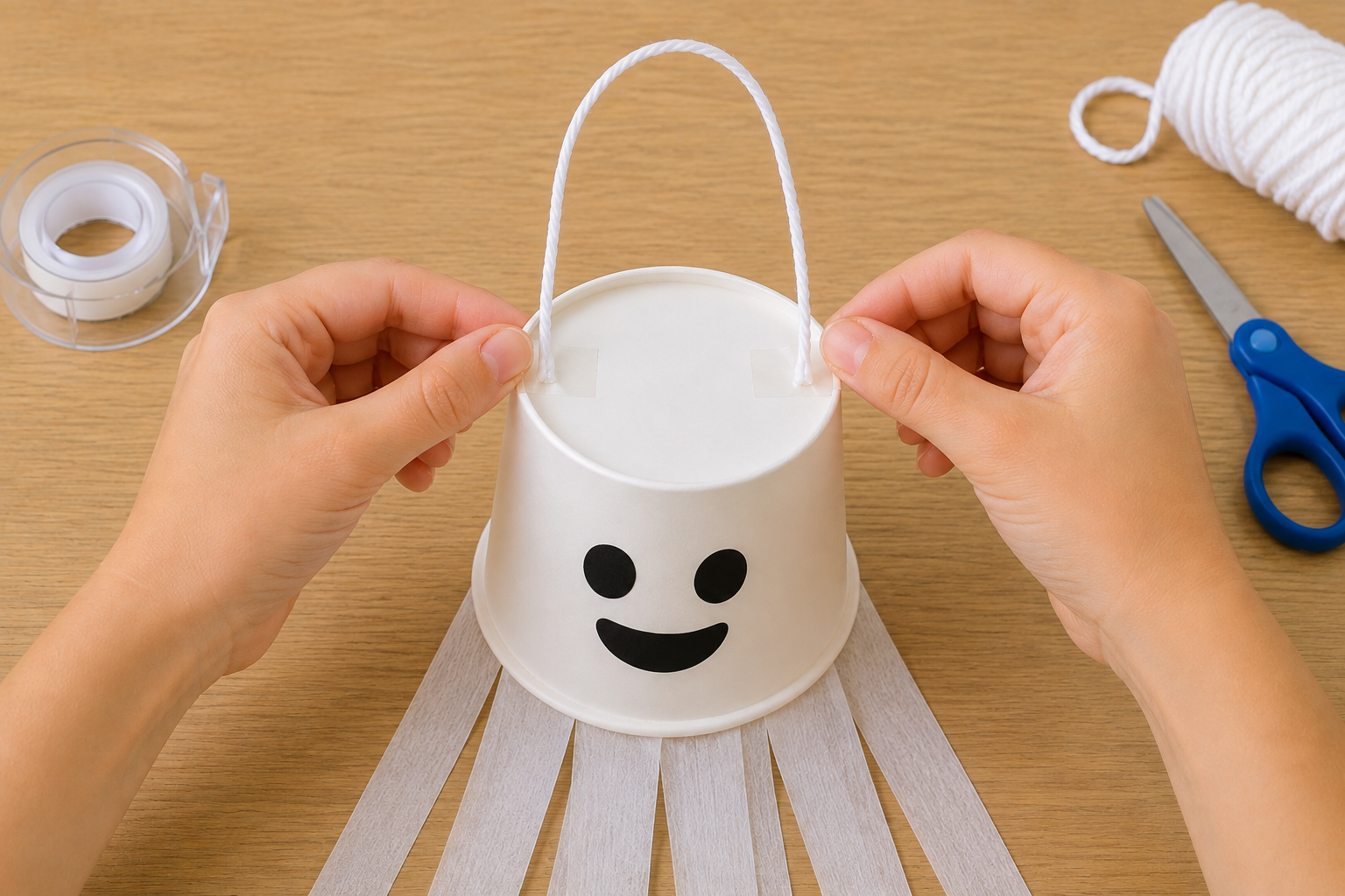 Child attaching a white yarn handle to a smiling paper cup ghost windsock.