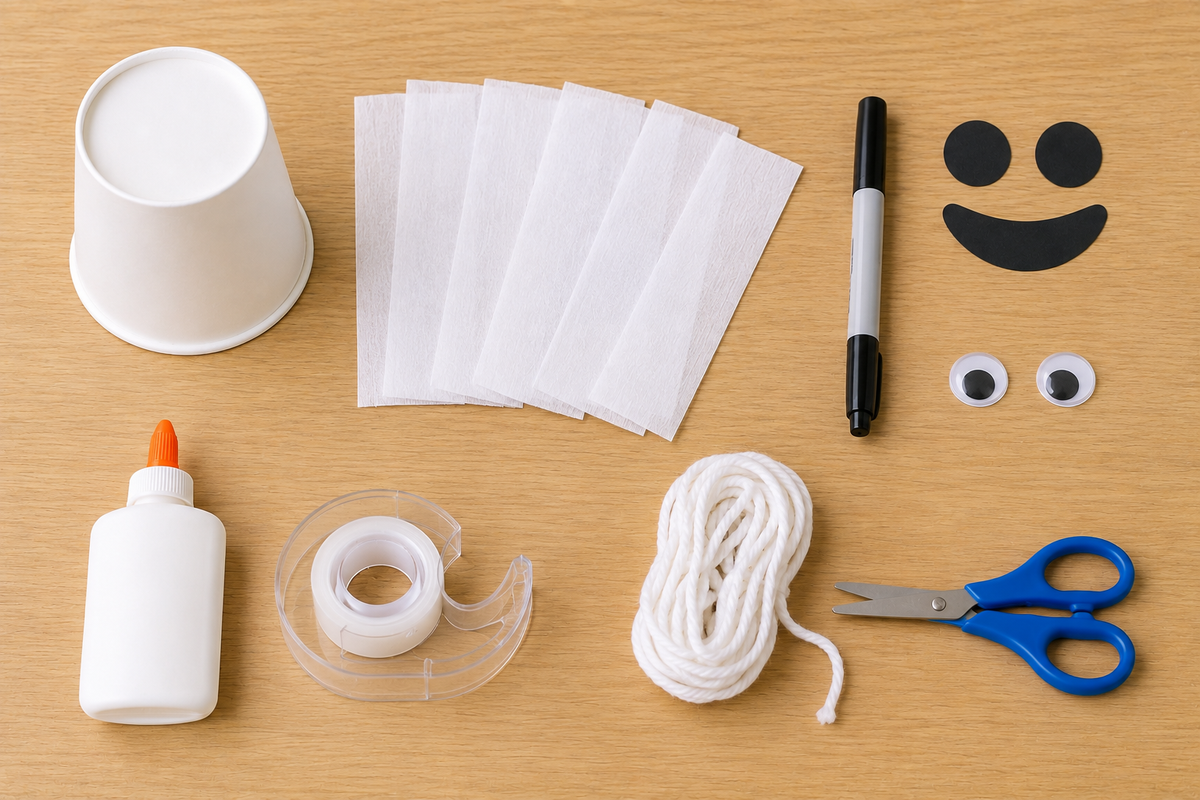 Supplies for a ghost windsock craft, including a white paper cup, streamers, glue, tape, yarn, scissors, marker, googly eyes, and black paper shapes.