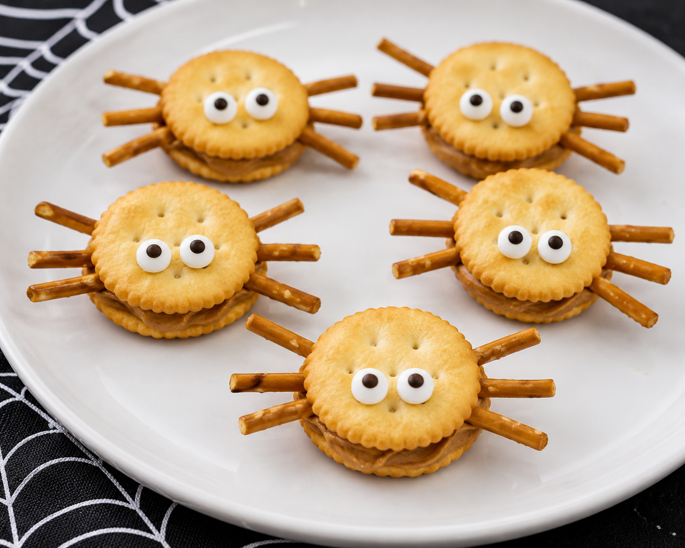 Halloween spider snacks made with round crackers, pretzel stick legs, and candy eyes.