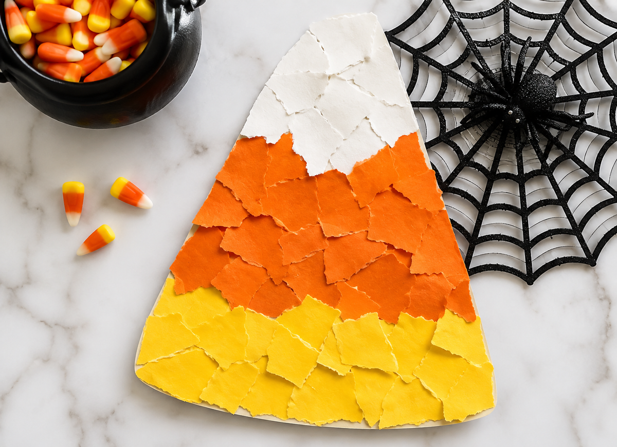 Candy corn collage craft made with torn pieces of white, orange, and yellow paper beside Halloween decorations.