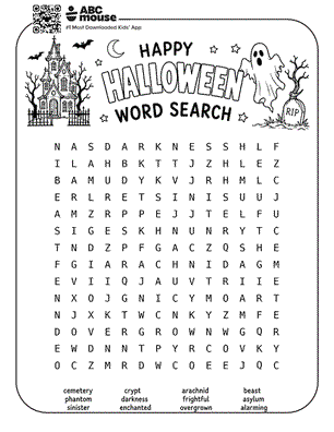 Challenging Halloween word search featuring cemetery, phantom, sinister, crypt, darkness, enchanted, arachnid, frightful, overgrown, beast, asylum, and alarming with hidden words for kids.