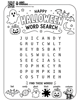 Happy Halloween word search featuring a ghost, bat, pumpkin, candy, and costume with hidden Halloween words for kids.