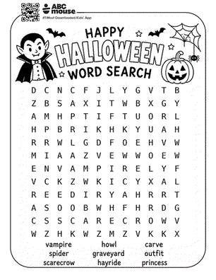 Intermediate Halloween word search featuring a vampire, spider, scarecrow, howl, graveyard, hayride, carved pumpkin, outfit, and princess with hidden words for kids.