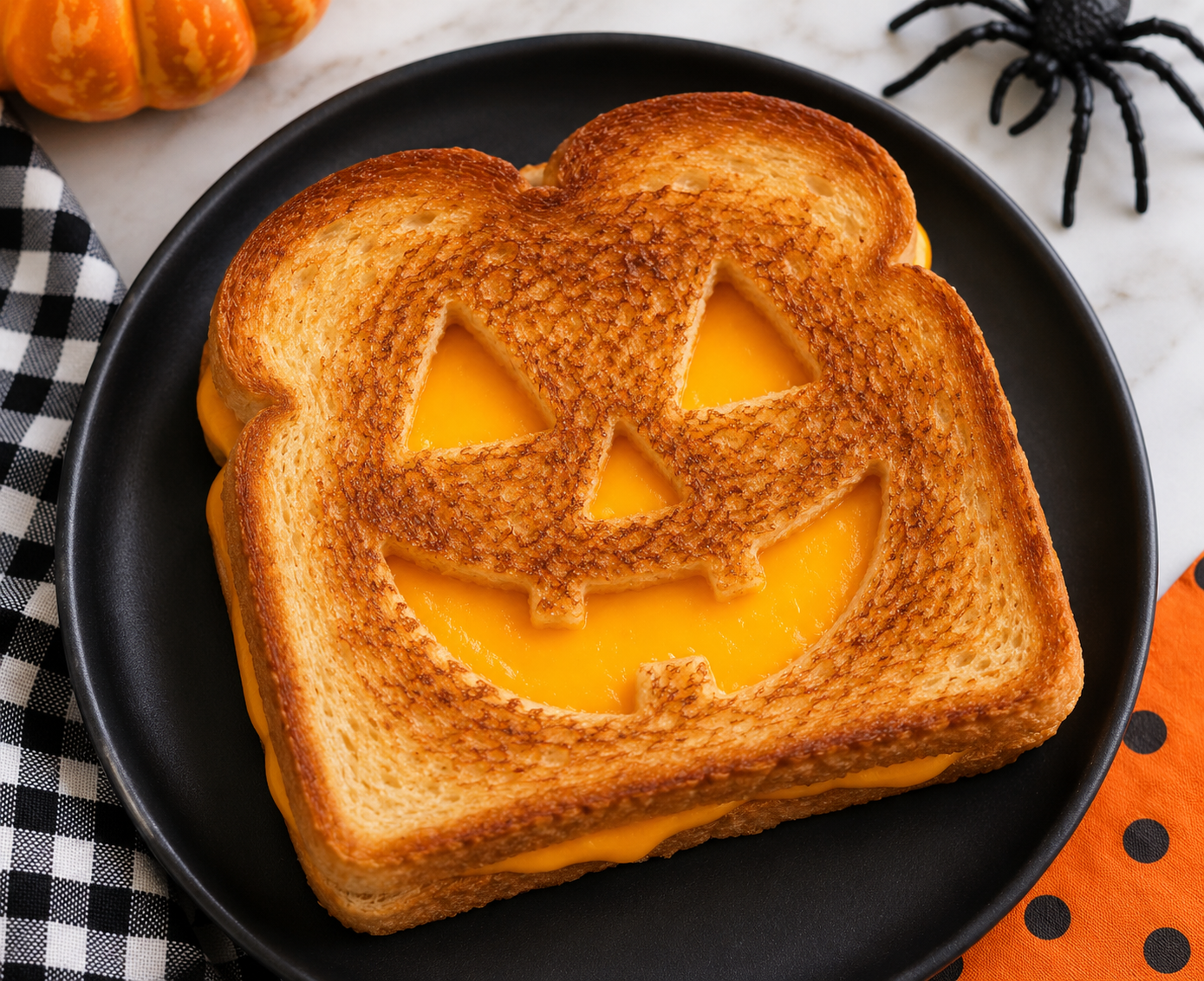 Grilled cheese sandwich with a toasted jack-o’-lantern face cut into the bread.