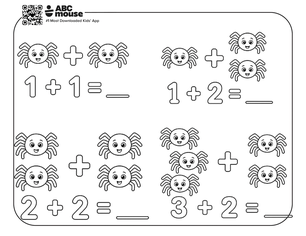 Spider addition coloring page for kids from ABCmouse.com.