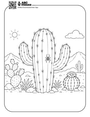 Spider on a cacti coloring page for kids from ABCmouse.com.