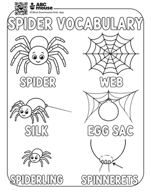 Spider vocabulary coloring page for kids from ABCmouse.com.