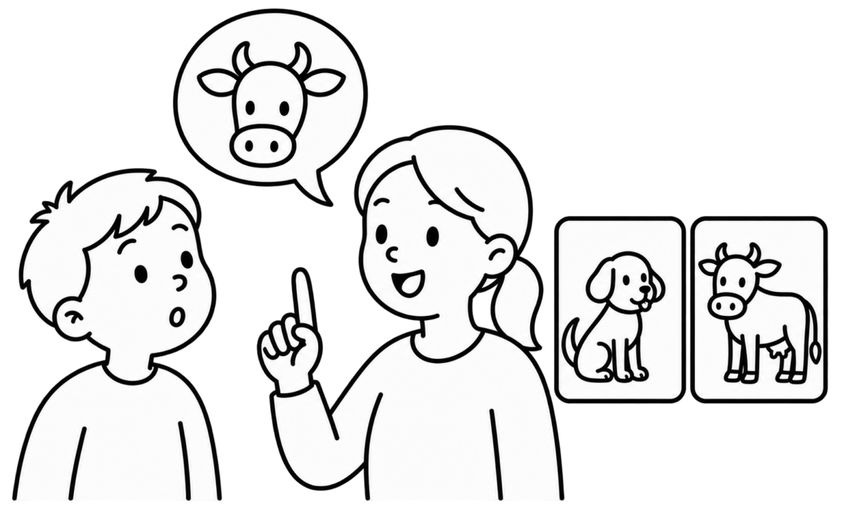 Teacher explaining animals to a boy, pointing up; speech bubble shows a cow, with dog and cow cards beside.