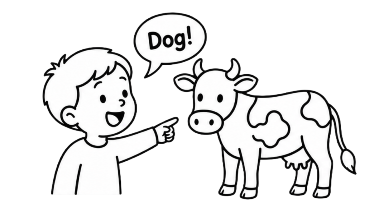 Cartoon child points at a cow while saying 'Dog!'