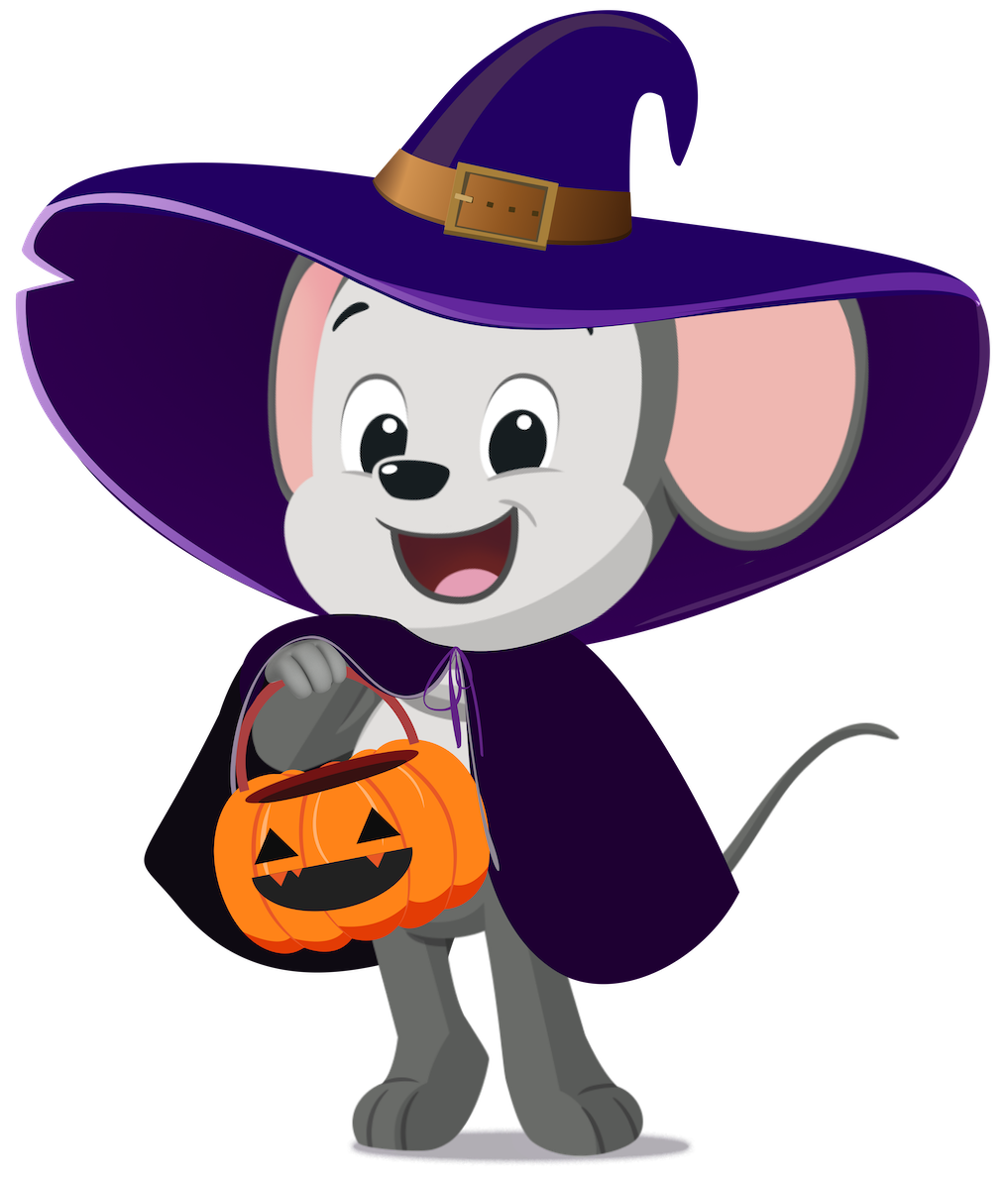 Cute ABC mouse wearing a purple witch costume and holding an orange jack-o’-lantern trick-or-treat bucket.
