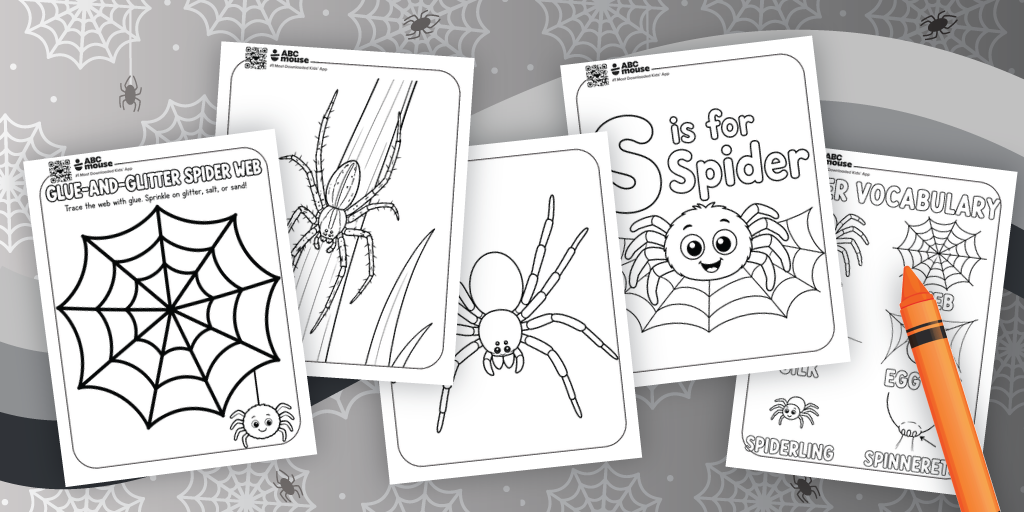 Cluster of spider-themed worksheets for kids featuring webs, a cartoon spider, and a pencil on a gray web-patterned background.