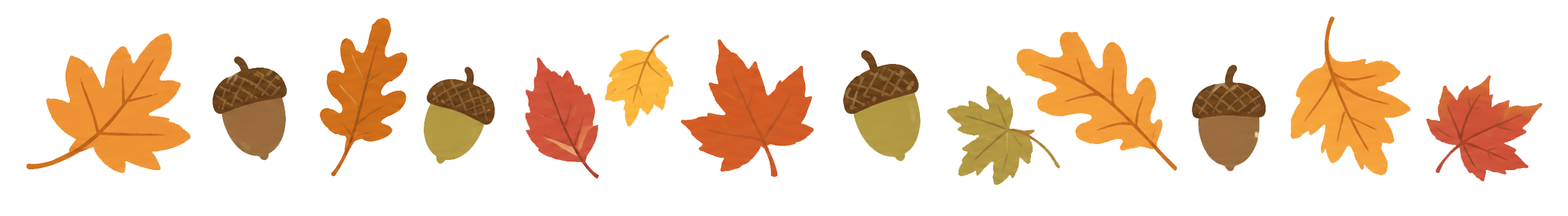 Autumn-themed garland of colorful leaves and acorns arranged in a row in a decorative banner.