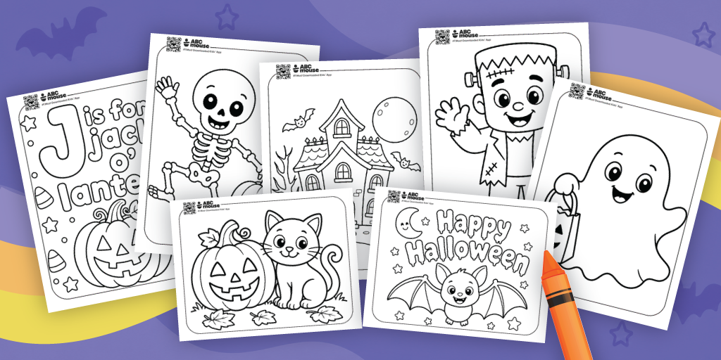 A collage of Halloween-themed printable coloring pages featuring a pumpkin, skeleton, haunted house, ghost, bat, cat, and a Happy Halloween scene.