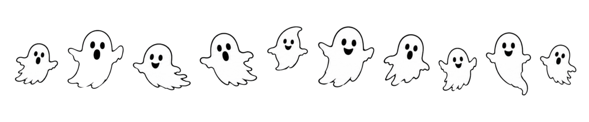 Row of cute cartoon ghosts floating across a black background, each with friendly expressions.