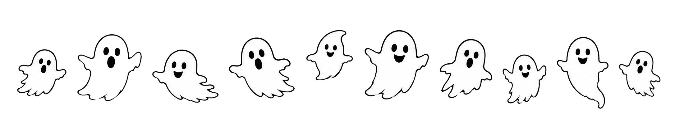 Row of cute cartoon ghosts floating across a black background, each with friendly expressions.
