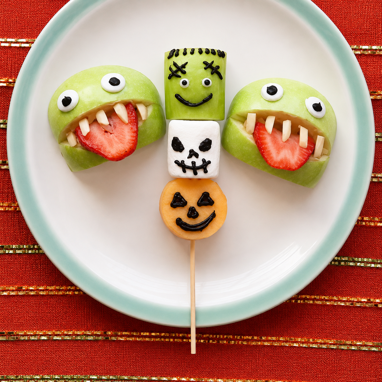 Halloween fruit snacks made with green apples, strawberries, marshmallows, and spooky monster faces.