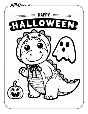 Cartoon dinosaur in a Halloween costume with a ghost and pumpkin under a Happy Halloween banner.