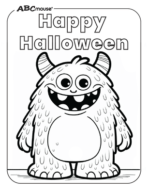 Cartoon friendly monster with big eyes and shaggy fur, standing on a floor with 'Happy Halloween' text above (ABCmouse logo shown).