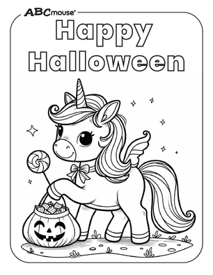 Line drawing of a unicorn with a pumpkin bucket, standing on grass with stars; 'Happy Halloween' text above, ABCmouse logo in the corner.
