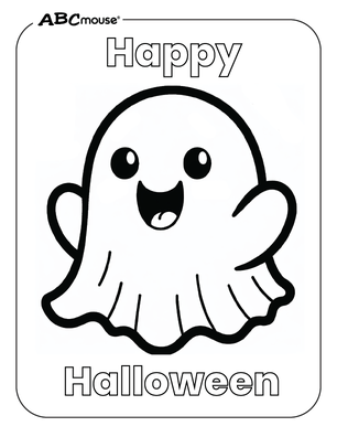 Cute cartoon ghost with a big smile and 'Happy Halloween' text above and below; ABCmouse logo in the corner.