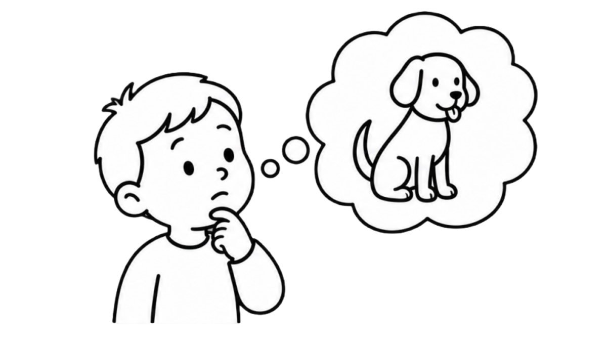 Child thinking about a dog, with a thought bubble containing a dog illustration above his head.