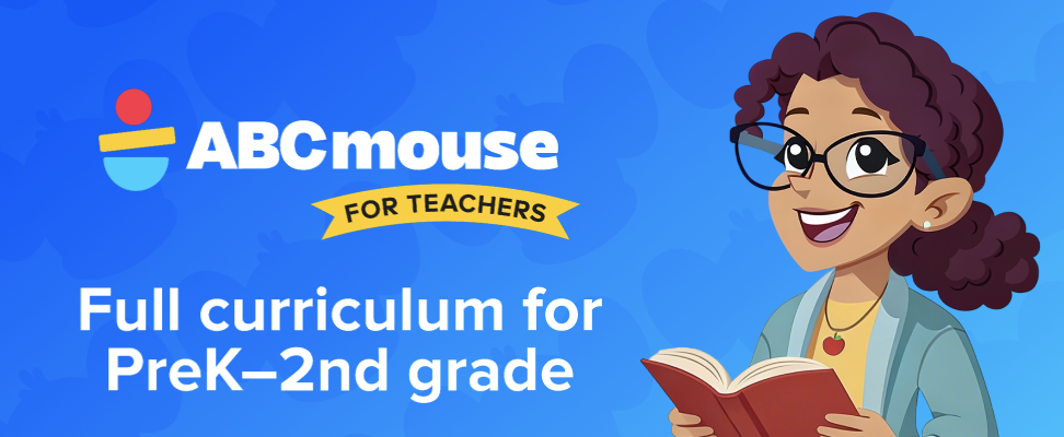 Cartoon teacher with glasses holding a book on a blue gradient background, promoting ABCmouse full curriculum for PreK–2nd grade.