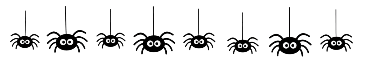 Row of eight cartoon black spiders hanging by strings against a transparent background, with white eyes.