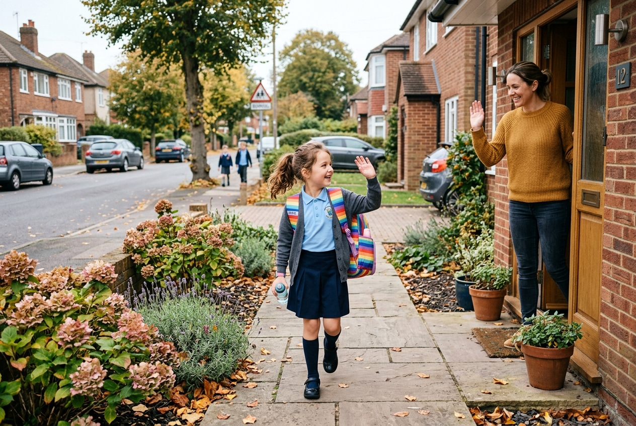 A young girl wearing a school uniform and a rainbow backpack leaving her house waving goodbye to her mother.