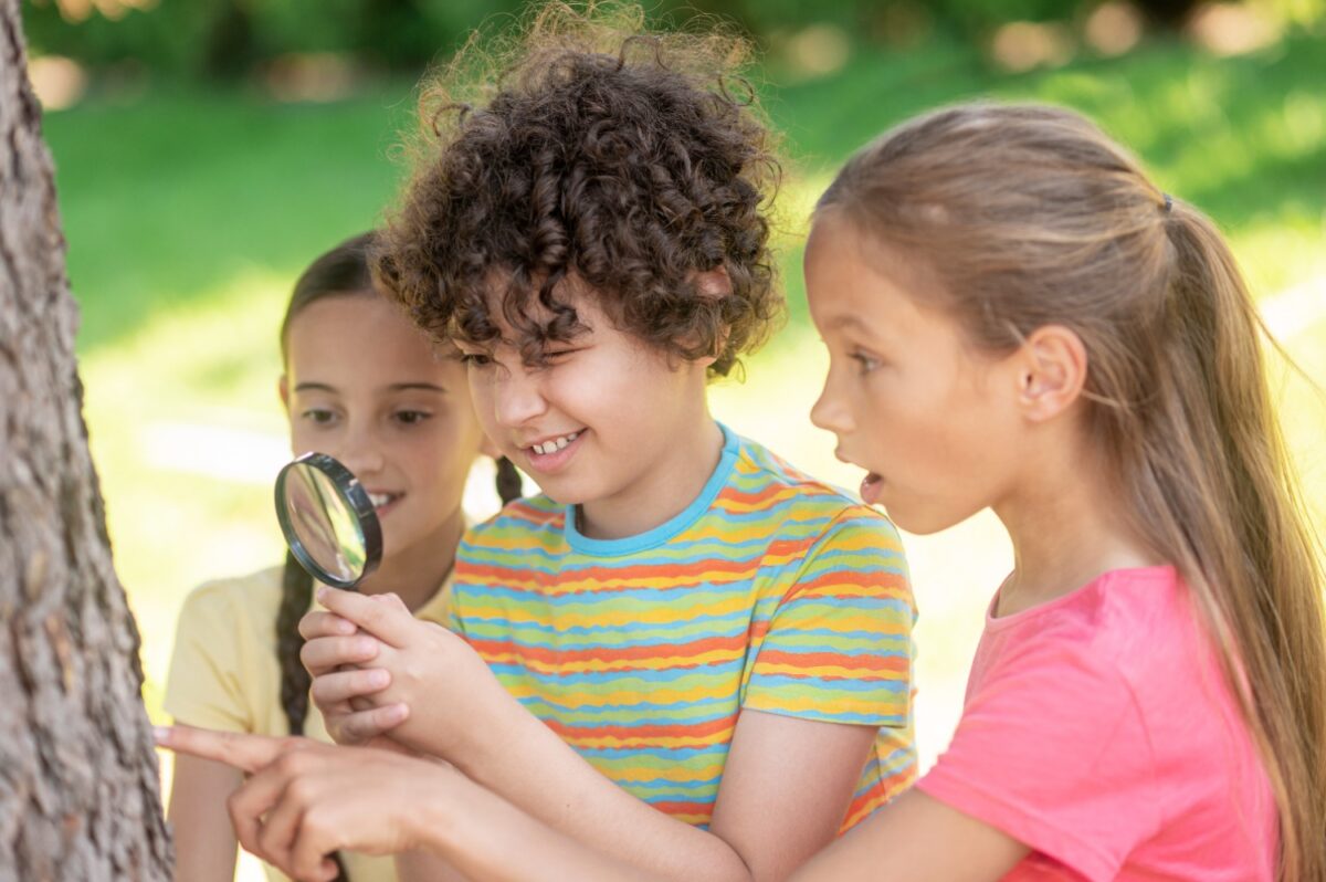 Three kids outdoors, one boy holds a magnifying glass to inspect a tree while two girls look on.