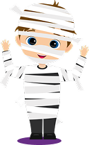 Cartoon child dressed as a friendly mummy with bandages wrapped around head and body, smiling with arms raised.