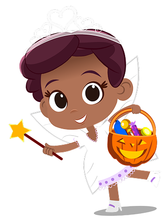 Cute cartoon girl in a white fairy costume with a wand and a pumpkin candy basket, running for Halloween treats