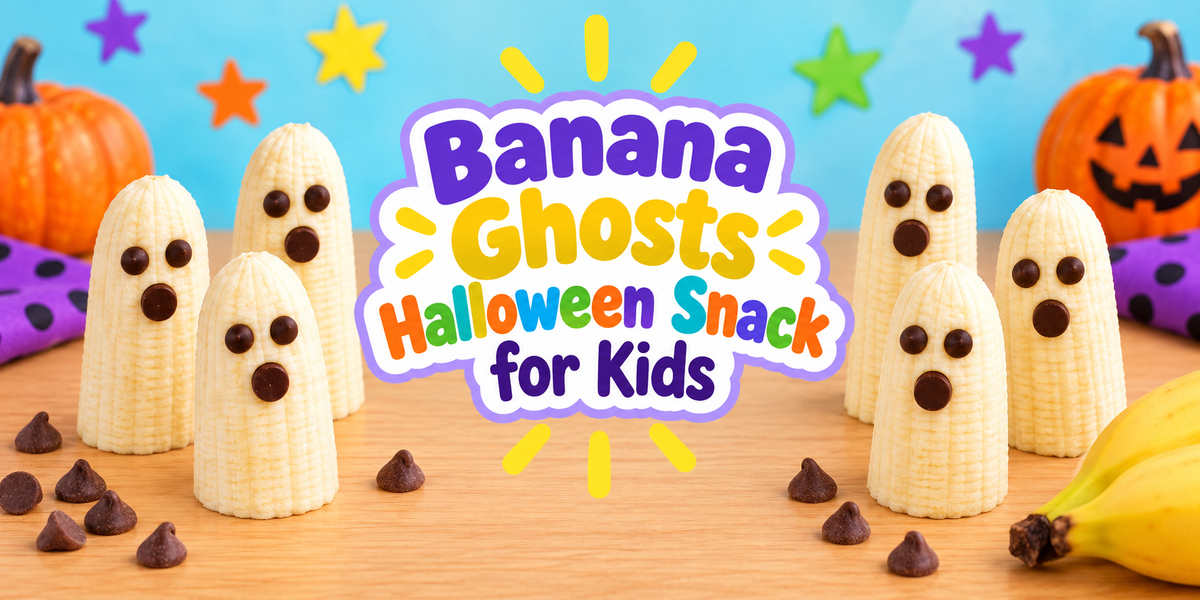 Banana ghost Halloween snack for kids made with bananas and chocolate chips.