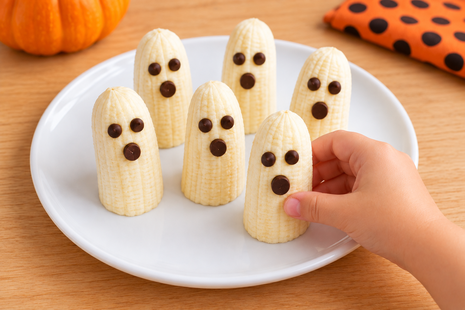 Child holding a banana ghost Halloween snack decorated with chocolate chip eyes and a mouth.