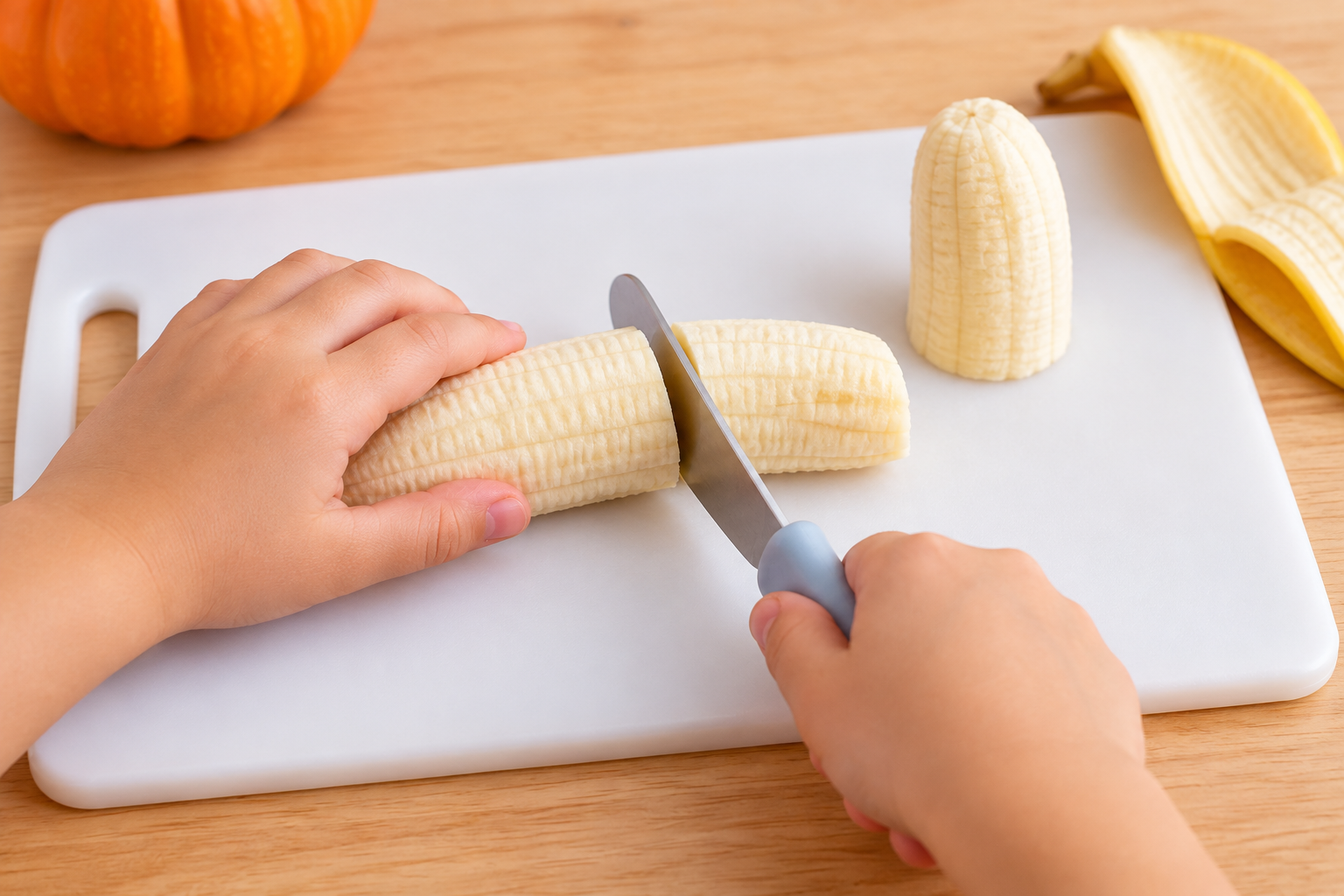 Child cutting a peeled banana into pieces to make Halloween banana ghosts.